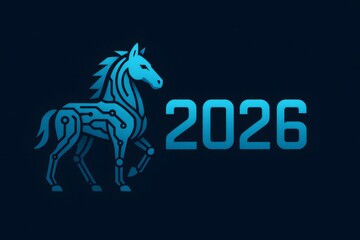 Blue neon horse with electronic circuits celebrating the year 2026, concept of future and technology