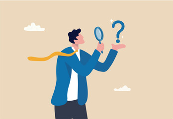 Problem analysis, analyze information to find solution or answer, solving problem or trouble, challenge to think overcome difficulty concept, businessman analyze question mark with magnifying glass