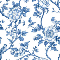 Floral Blue Chinoiserie. Toile De Jouy Vintage Seamless Pattern 10 Elegant Vector Graphics. Featuring delicate florals, buds, graceful birds, and romantic motifs, this seamless pattern is crafted to p