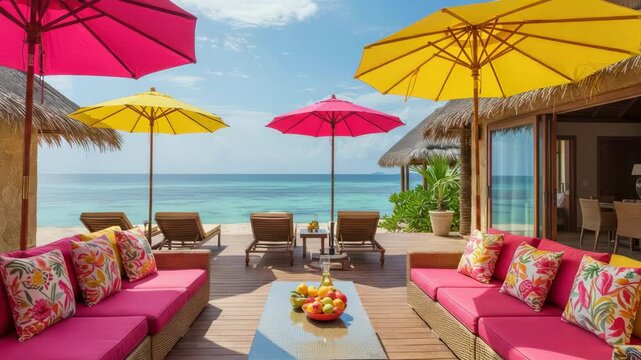 Pink and yellow patio with ocean view