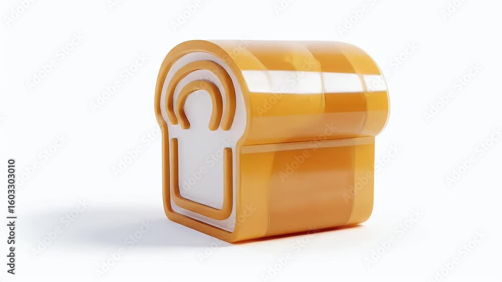 Poster dynamic 3d animation of a glossy bread slice icon seamlessly rotating on white