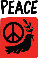 Peace dove and symbol vector illustration with olive branch and red background for anti-war and harmony concepts