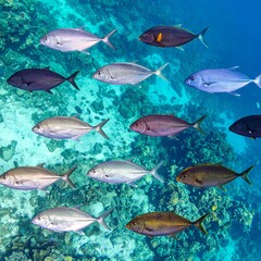 Fototapeta premium Vibrant School of Silver and Colored Fish Swimming Above a Coral Reef