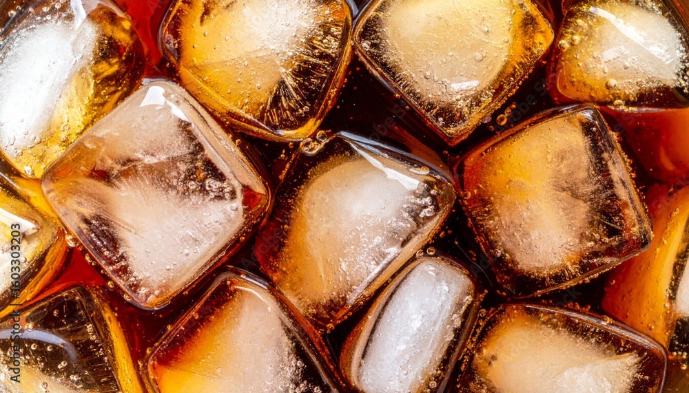 Poster close up of ice cubes floating in amber liquid with intricate textures