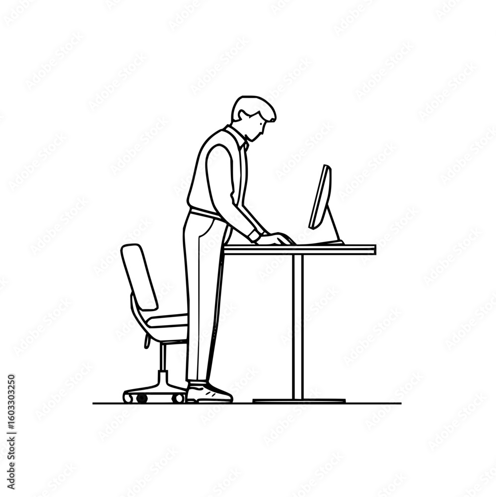 Poster line drawing of man standing at desk working on computer
