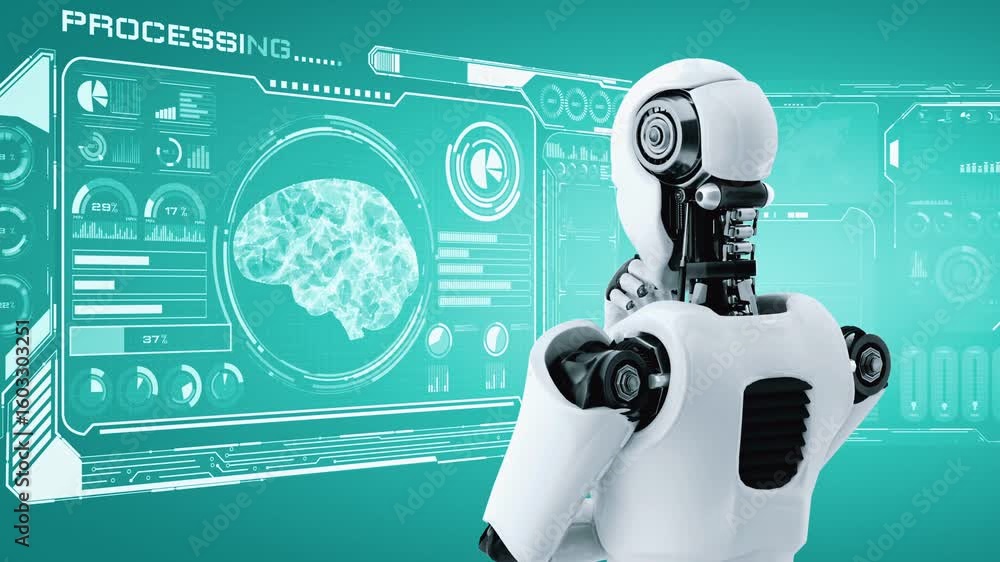 Poster thinking ai hominoid robot analyzing hologram screen showing concept of ai brain and artificial inte