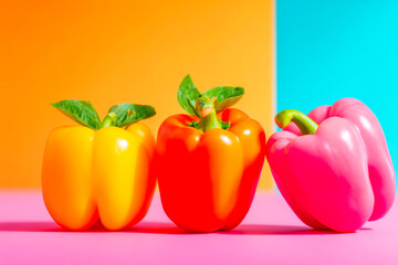 Three bell peppers in a row vibrant colors on twotoned background fresh produce
