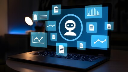 Fototapeta premium AI agent generating business reports and documents. Generative artificial intelligence analyzing text and making summary. Businessman using laptop computer to give instructions to AI.