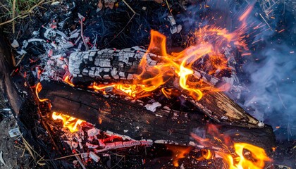 Fototapeta premium Closeup of Fiery Wood Embers with Orange Flames and Dark Smoke at Campfire