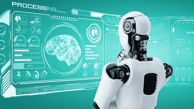 Thinking AI hominoid robot analyzing hologram screen showing concept of AI brain and artificial intelligence thinking by machine learning process. 3D rendering.