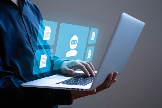 AI agent generating business reports and documents. Generative artificial intelligence analyzing text and making summary. Businessman using laptop computer to give instructions to AI.