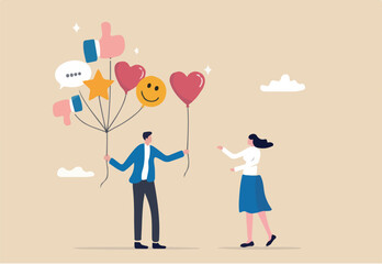 Customer feedback, review or service satisfaction, giving rating, opinion or review evaluation, user experience, ranking or quality rating concept, customer holding feedback balloons giving heart