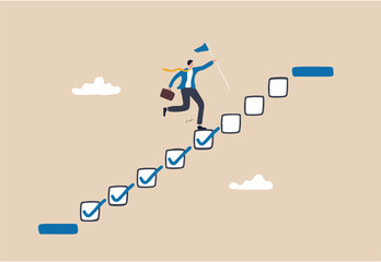 Progression from start to success, development or improvement, challenge to progress and win competition, tasks completion to finish project, businessman step on checklist to progress to target