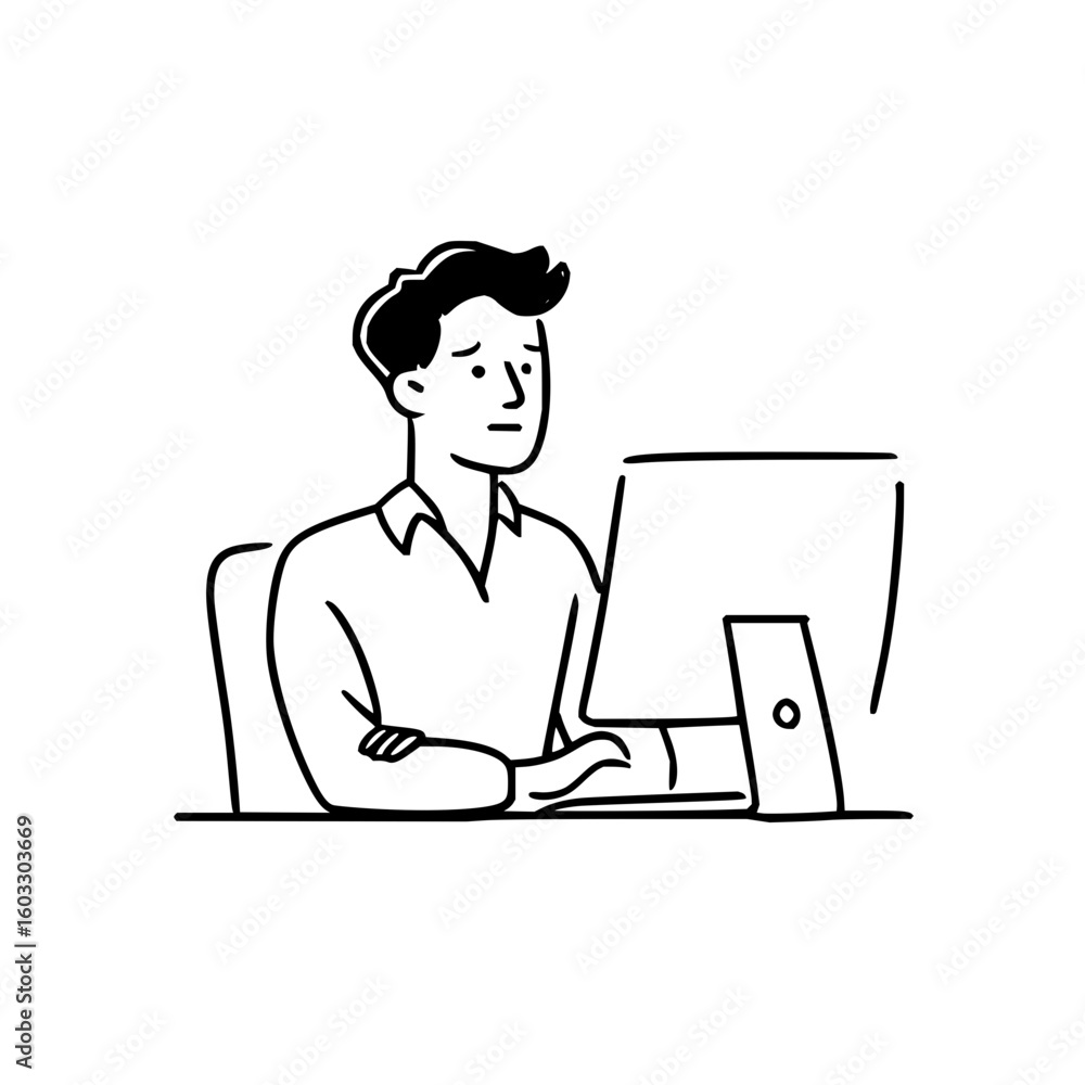 Poster illustration of man sitting at desk working on computer with worried expression
