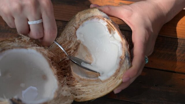 Hand scooping fresh white coconut flesh using wooden spoon, revealing ripe organic pulp for healthy tropical diet
