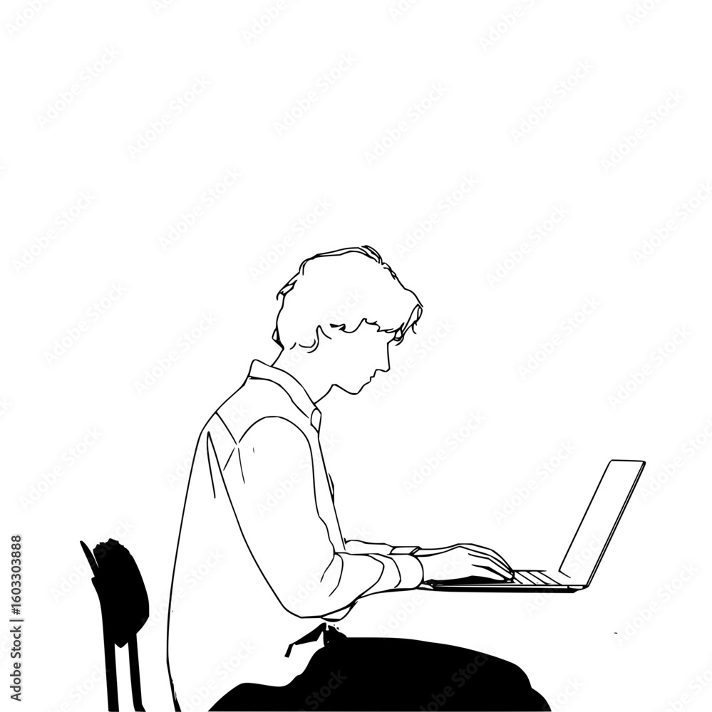 Poster a minimalistic line drawing of a person sitting at a desk typing on a laptop in a tech environment o