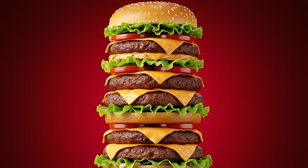 Hamburger tower set against a red backdrop
