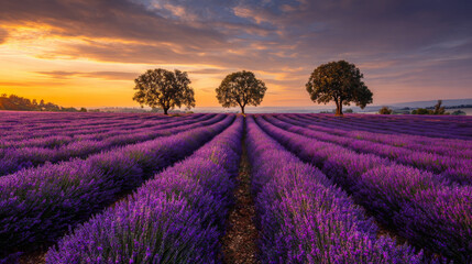 Obraz premium Captivating landscape of lavender fields in bloom at sunset, with dreamy skies and distant trees lining the horizon.