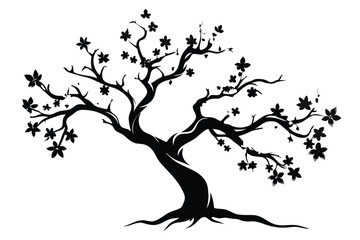 Black Silhouette of a Tree with Flowers, Branches and Roots in Artistic Design Style