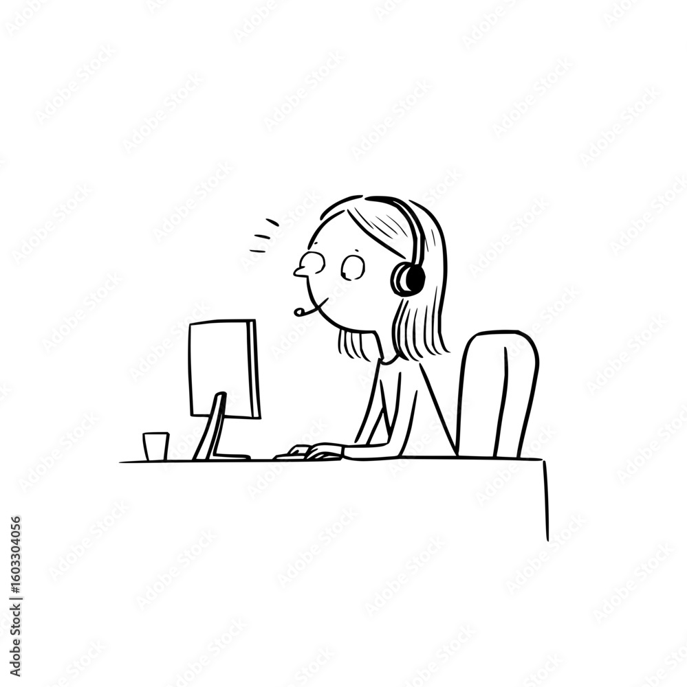 Poster cartoon illustration of a customer service representative with a headset working at a computer desk 