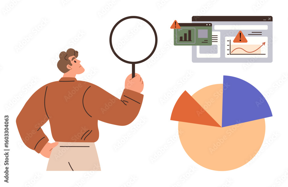 Poster man holding magnifying glass next to warning signs on charts and browser reports. ideal for data ana