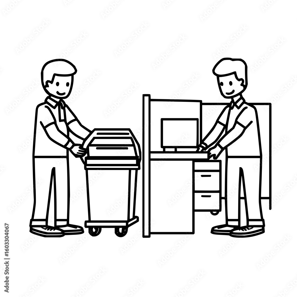 Aufkleber two people interacting with technology in an office setting with computer and shredder outline offic