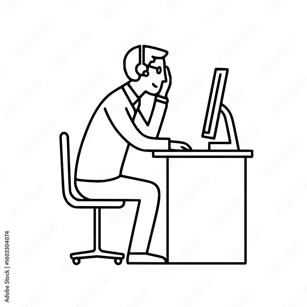 Poster line drawing of a man with headset at desk working on computer in tech support or customer service o