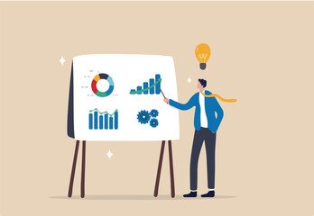 Sales pitch or presentation for business idea and opportunity, presenting proposal or plan to client or prospect, convince or selling concept, confidence businessman present sales pitch on whiteboard