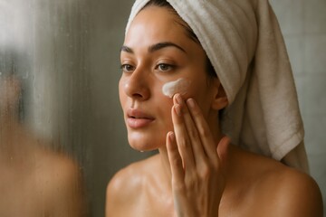 Woman with towel on head applying moisturizer to her face, reflecting in a bathroom mirror, promoting skincare and self care routines