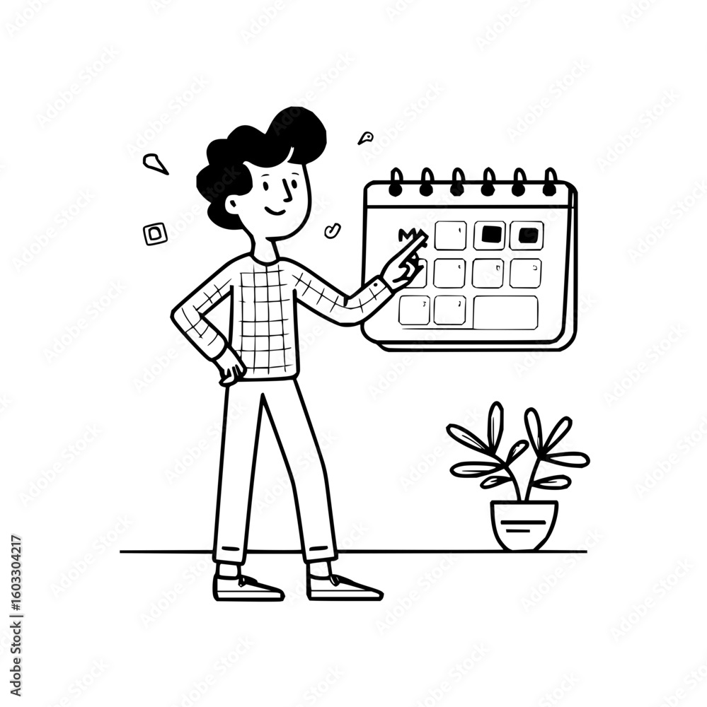 Poster man pointing at calendar with plant in pot, representing scheduling and time management concept offi