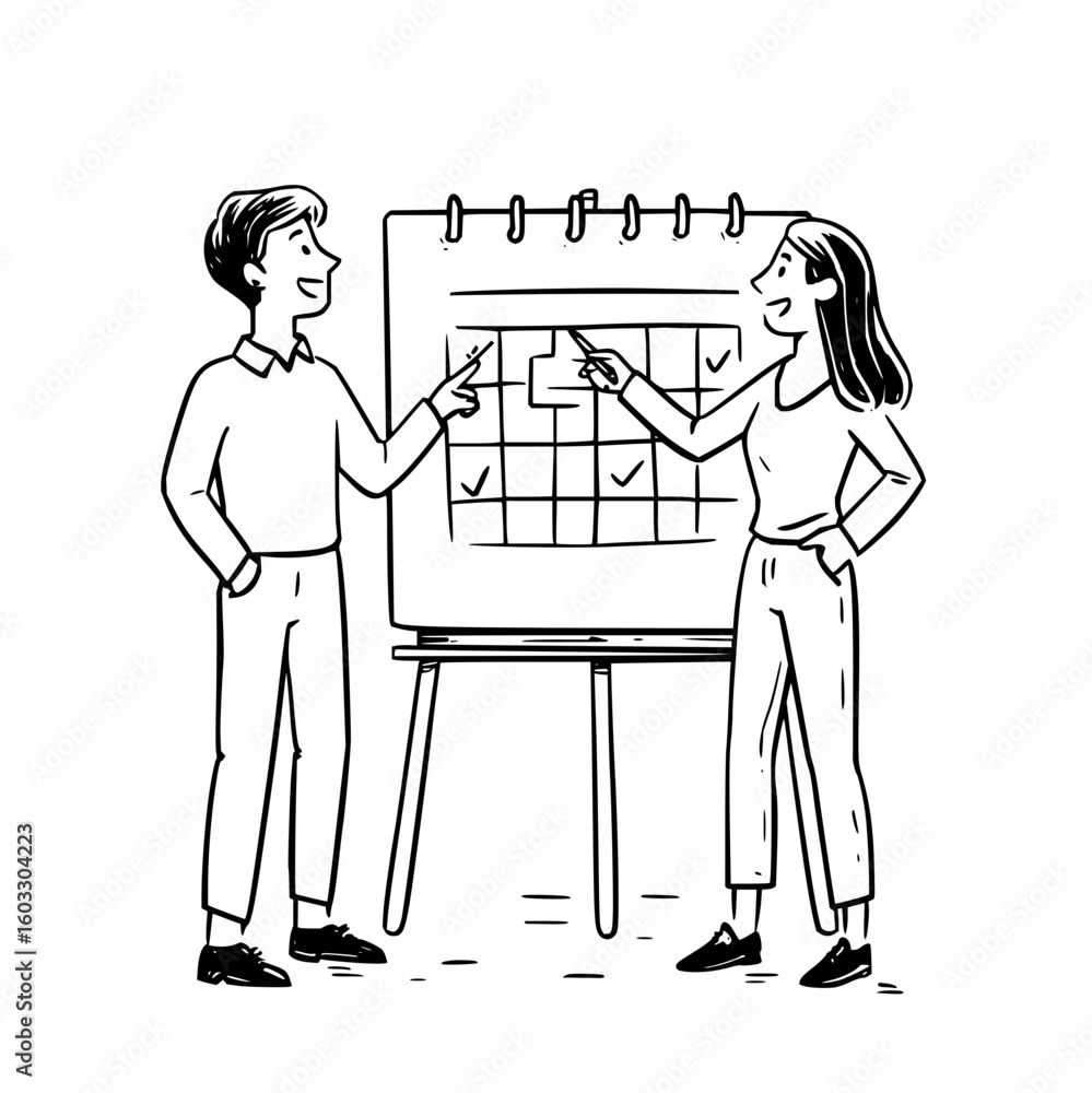 Aufkleber two people planning on a calendar board, pointing at dates and marking tasks as completed with check