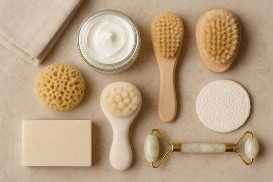 Collection of spa essentials featuring natural brushes, creams, and exfoliating tools arranged on a neutral background for relaxation and skincare