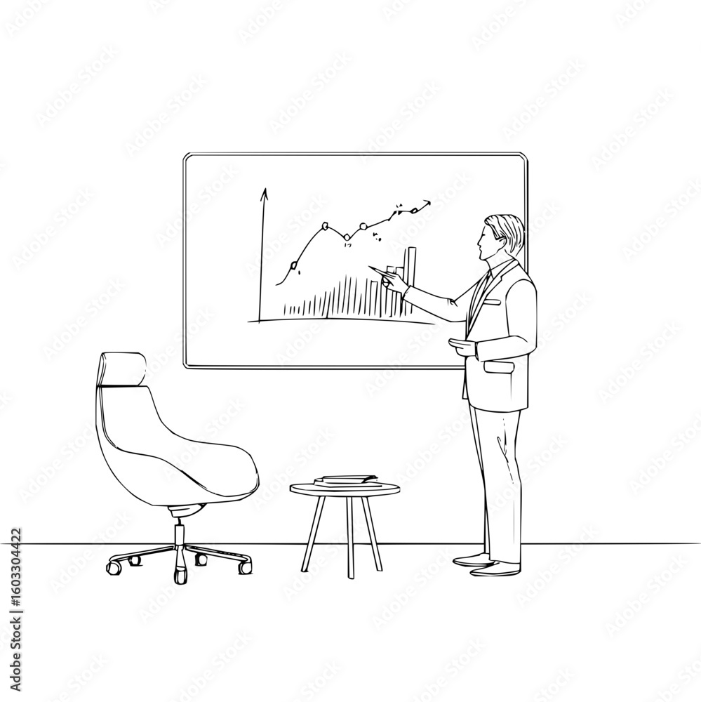Poster man in suit presenting data on whiteboard with chair and table in a tech office setting room office 