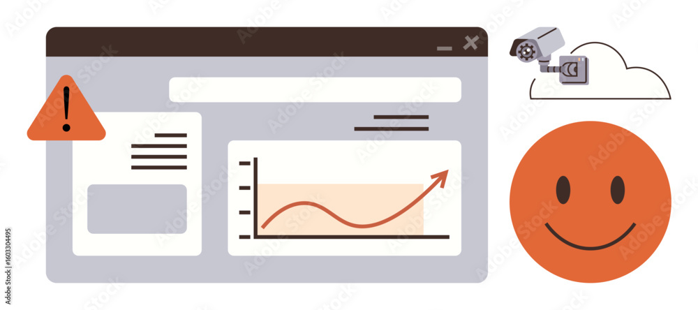 Poster browser window with analytics graph, error alert, security camera with cloud storage, and smiling fa