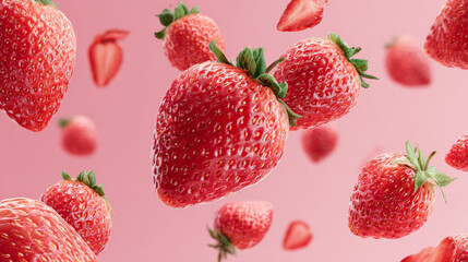 Juicy red strawberries appear to fall through the air against a soft pink backdrop. 