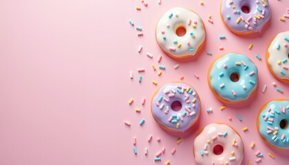 Frosted donuts in pastel pink, baby blue, and lavender with sprinkles scattered playfully on a charming pink background, indulging in sweetness and whimsy.