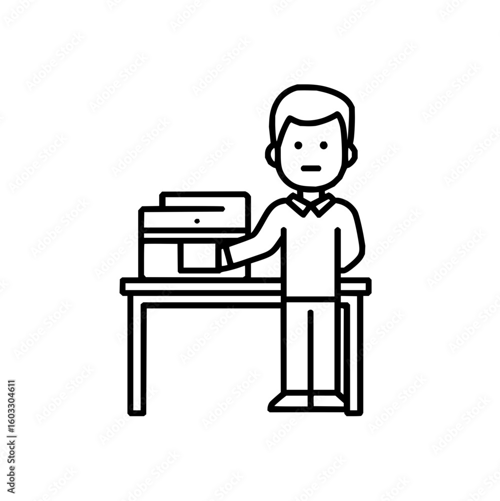 Fototapete a person standing at a desk with a computer monitor and keyboard in a simple line art style office l