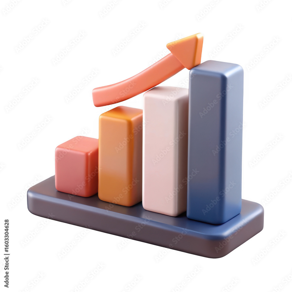 Poster 3d bar chart with arrow up on transparent background