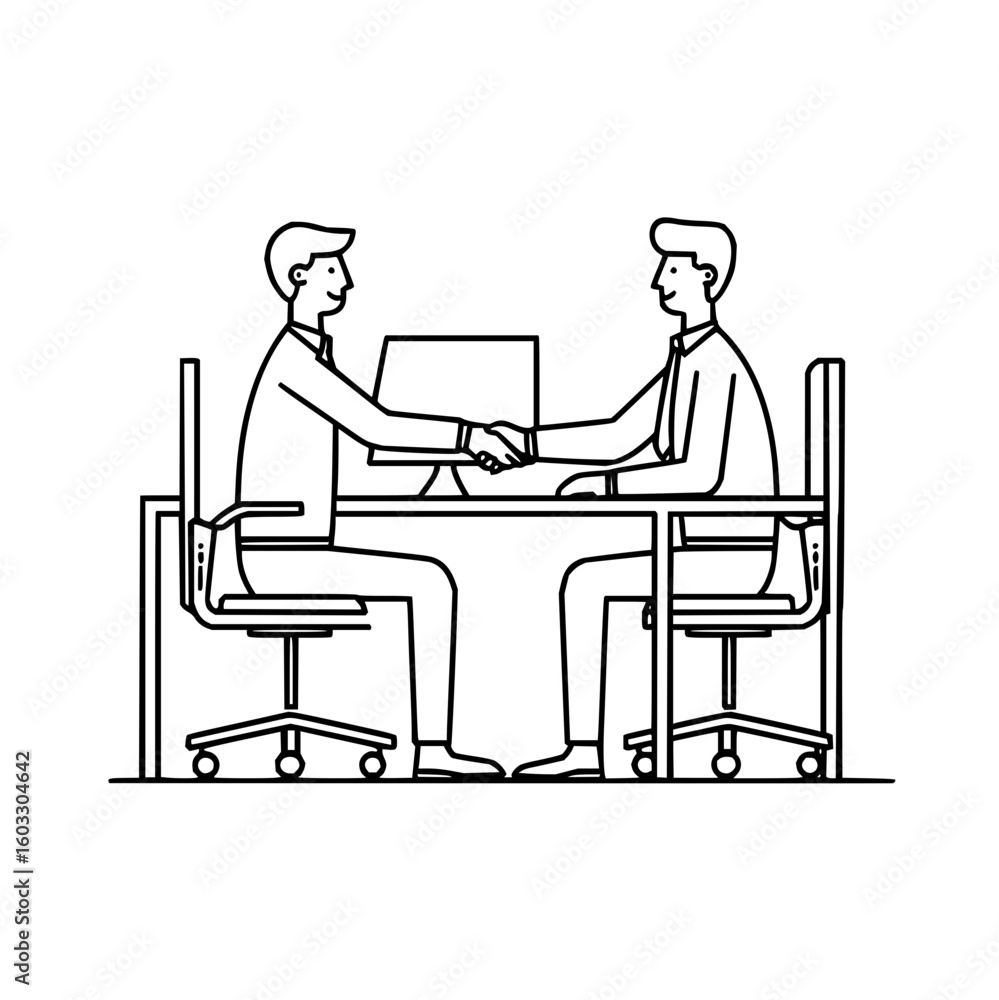 Poster two people shaking hands across a desk with a computer monitor in a tech business environment office