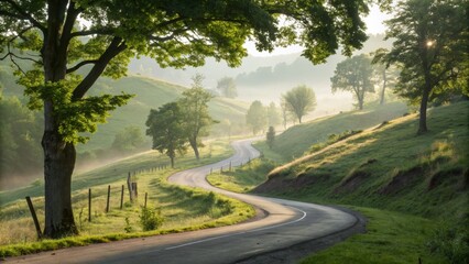 Fototapeta premium Serene winding country road through misty green hills at sunrise, peaceful journey awaits