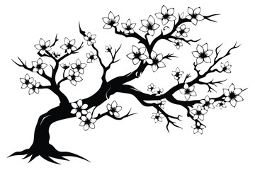 Elegant Cherry Blossom Tree Silhouette with Delicate Flowers and Branches on White