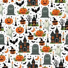 Halloween Pattern Collection &ndash; Seamless Spooky and Cute Designs with Pumpkins, Ghosts, Witches, Bats, and Trick-or-Treat Elements