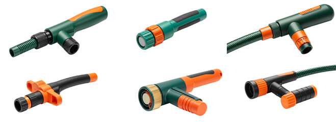 set of different types of garden hose nozzles and connectors on a white background with copy space