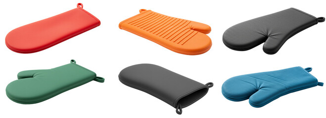 set of different silicone oven mitts and pot holders in various colors on a white background with copy space