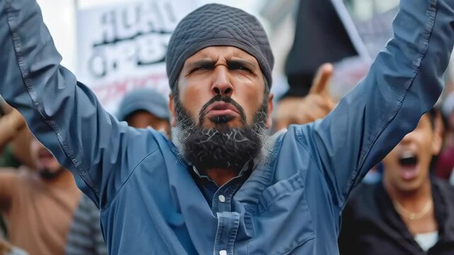 A man with a beard and a turban is holding his hands up in the air. He is surrounded by a crowd of people who are also holding their hands up. Concept of unity and solidarity among the people