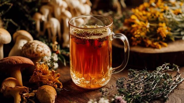 A mug of tea sits on a table with mushrooms and herbs. The mug is half full and the herbs are scattered around it. The scene gives off a cozy and inviting atmosphere