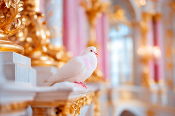 White dove in ornate gilded cage luxurious interior symbolism