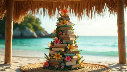 A creative Christmas tree made of stacked beach books decorated with tropical flowers and fairy lights under a thatched hut, celebrating eco-friendly festivities.