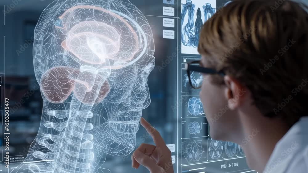Aufkleber a doctor is pointing at a brain scan on a computer monitor. a detailed view of the brain, with vario
