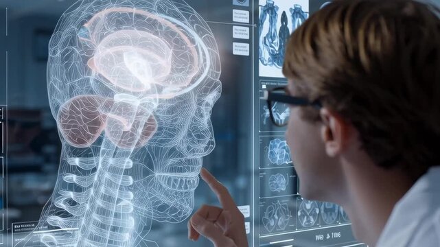 A doctor is pointing at a brain scan on a computer monitor. A detailed view of the brain, with various sections highlighted. The doctor's finger is hovering over a specific area